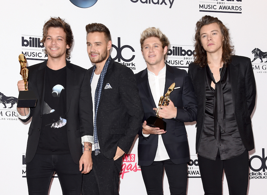 LAS VEGAS, NV - MAY 17:  (L-R) Singers Louis Tomlinson, Liam Payne, Niall Horan, and Harry Styles of One Direction, winners of the Top Duo/Group and Top Touring Artist awards, pose in the press room during the 2015 Billboard Music Awards at MGM Grand Garden Arena on May 17, 2015 in Las Vegas, Nevada.  (Photo by Jason Merritt/Getty Images)