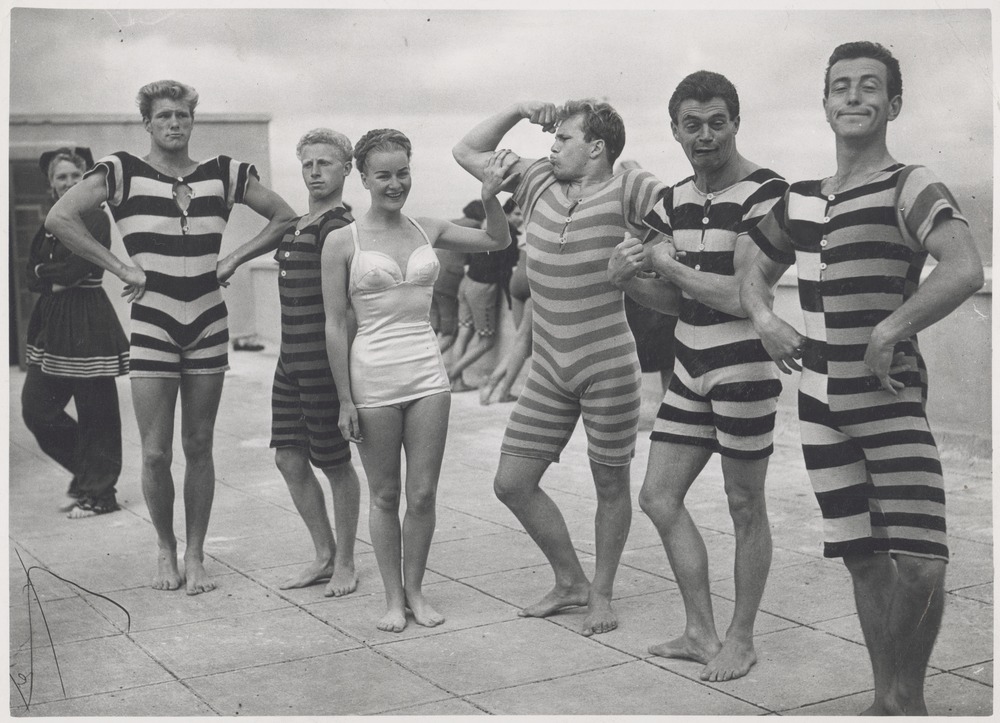 Men in Victorian and Edwardian swimsuits, ca. 1940s